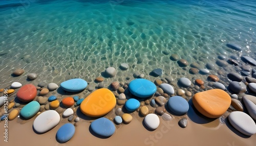 Beautiful colourful water stones and blue water at beach photo