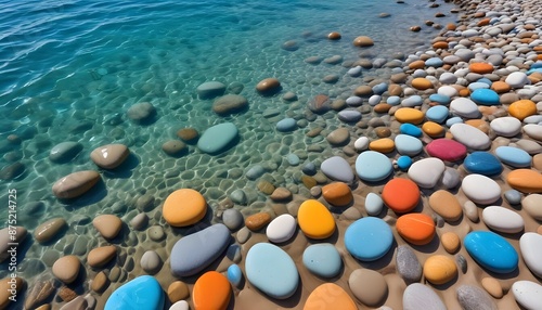Beautiful colourful water stones and blue water at beach photo