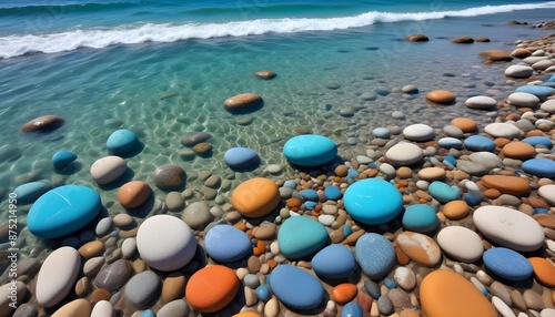 Beautiful colourful water stones and blue water at beach photo