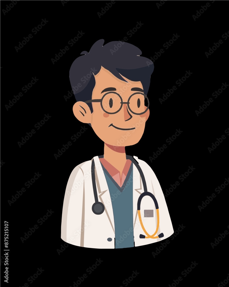 Fototapeta premium Cartoon doctor character with lab coat and black and gold stethoscope. Professional character portrait icon vector art isolated on a transparent background.