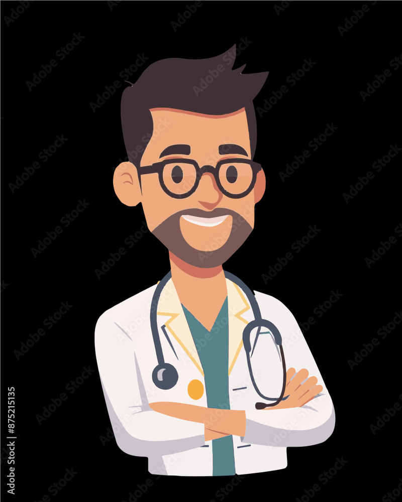Doctor with a beard wearing eye glasses and medical coat with stethoscope. Professional character portrait icon vector art isolated on a transparent background. Doctor with a beard wearing eye glasses and medical coat with stethoscope. Professional character portrait icon vector art isolated on a transparent background.