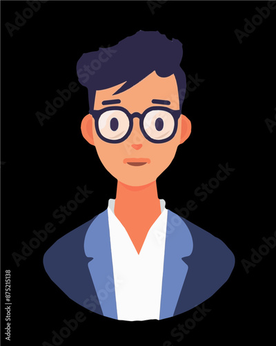 Professional avatar of young man wearing glasses and jacket. Professional character portrait icon vector art isolated on a transparent background.