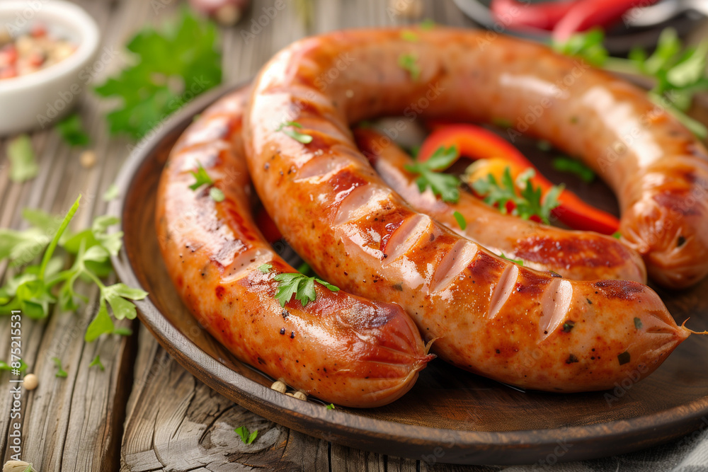 Leckere Grillwurst, Bratwurst auf einem Teller mit Kräutern. Essen auf einem Holztisch. Leckere Grillwurst, Bratwurst auf einem Teller mit Kräutern. Essen auf einem Holztisch.