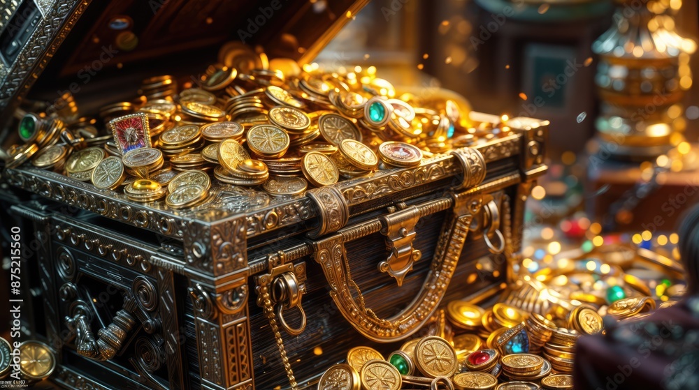 Treasure chest with gold and gems. AI generated. Treasure chest with gold and gems. AI generated.