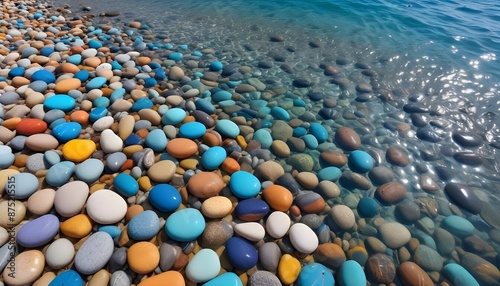 Beautiful colourful water stones and blue water at beach photo