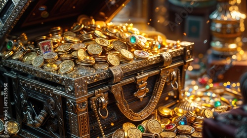 Treasure chest with gold and gems. AI generated. photo