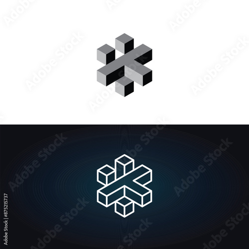 This is a 3d logo of several block shapes that form a hexagonal shape 