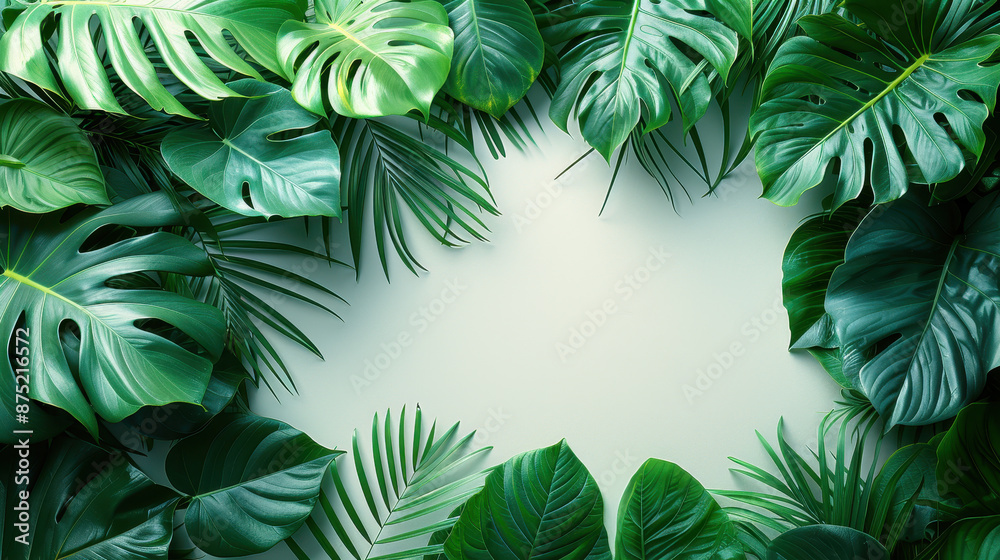 Vibrant tropical green leaves forming a natural frame, showcasing lush foliage and creating a fresh, organic backdrop Vibrant tropical green leaves forming a natural frame, showcasing lush foliage and creating a fresh, organic backdrop