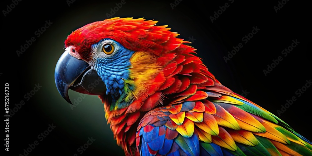 Obraz premium Vibrant parrot with red, blue, and yellow feathers on a black background, parrot, colorful, vibrant, red, blue, yellow