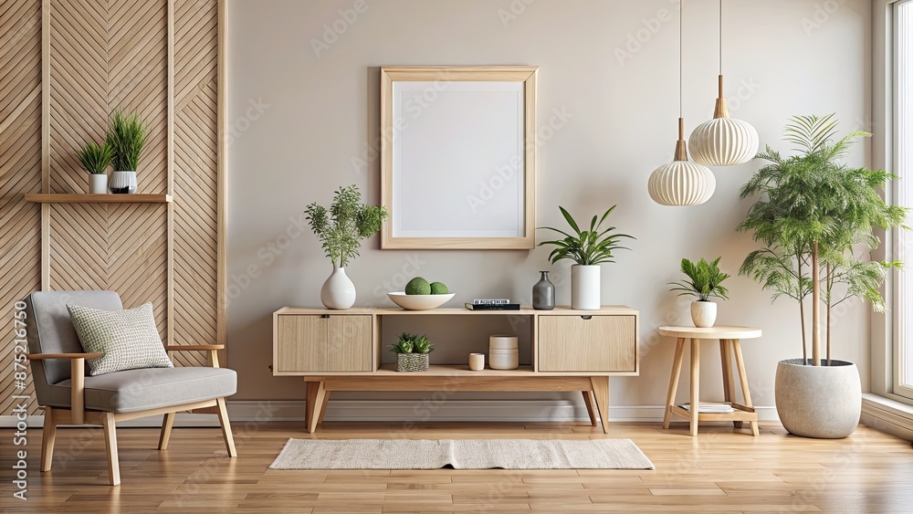 Mockup Scandinavian living room with wooden frame console and pastel decor, mockup, Scandinavian, living room, interior Mockup Scandinavian living room with wooden frame console and pastel decor, mockup, Scandinavian, living room, interior