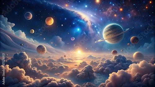 Dreamy surreal night sky with glowing stars and planets floating among fluffy clouds, artistic illustrative style photo