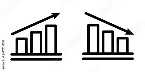 Vector illustration of bar graphs with upward and downward arrows in a simple black and white design. Editable stroke.