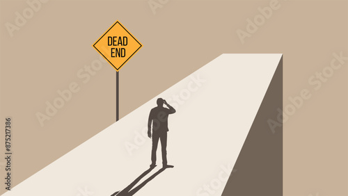 Confused Man Standing on the Road with Dead End Sign. Business and choosing wrong direction concept vector