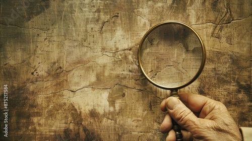 vintage magnifying glass in hand with cracked wall background photo