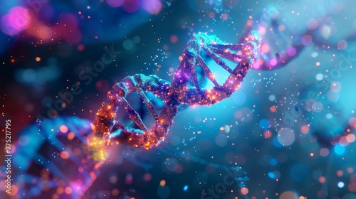 A 3D rendering of a DNA double helix molecule, with vibrant colors highlighting the base pairs and illustrating the concept of genetic evolution.