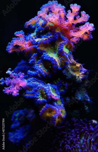 Vibrant Fluorescent Coral Isolated on Black Background, Showcasing the Stunning Colors and Intricate Patterns of Marine Life, Perfect for Ocean and Nature-Themed Promotions photo