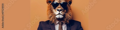 Cool Lion Wearing Stylish Fashion - Jacket, Tie, and Sunglasses, Posing Like a Supermodel Against a Solid Background, Perfect for Fashion and Animal-Themed Promotions photo