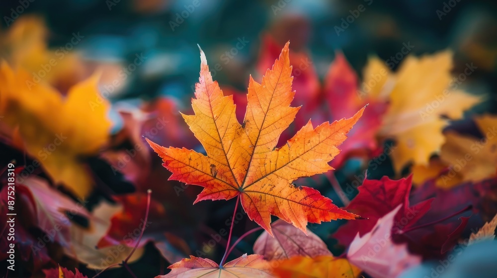 In autumn, maple leaves in various shades of yellow, red, and orange fall gracefully, transforming the landscape with their seasonal colors In autumn, maple leaves in various shades of yellow, red, and orange fall gracefully, transforming the landscape with their seasonal colors