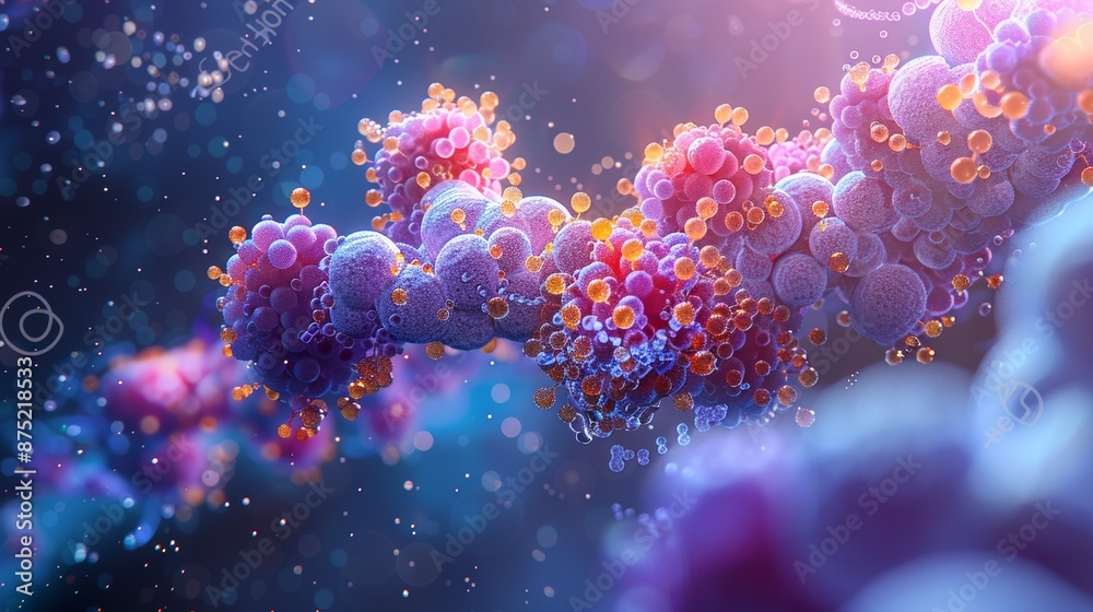 Fototapeta premium A detailed 3D model of a hormone-receptor complex, showing the precise interaction between the hormone molecule and the receptor protein, highlighting key amino acid residues invol