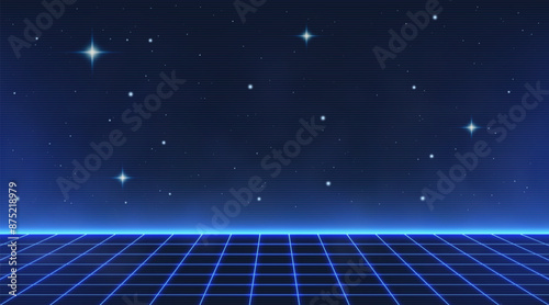 Laser Neon Grid With Stars and Mist. Retro Futuristic Design in 80s Style. Synthwave, Retrowave Theme
