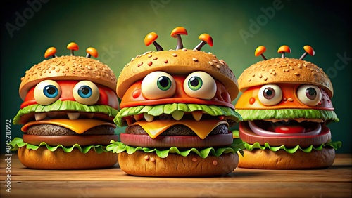 Three cartoon monster burgers with funny expressions, monster, burger, funny, crazy, whimsical, colorful, characters, food photo