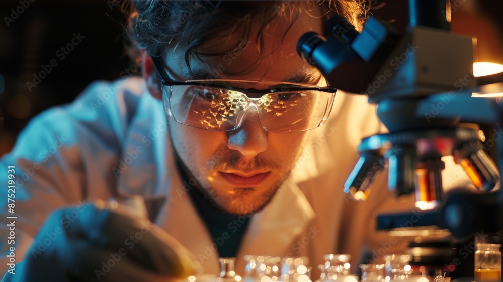 © MAY - A scientist using a stereoscope to examine molecular structures, emphasizing the importance of stereochemistry in understanding isomerism.