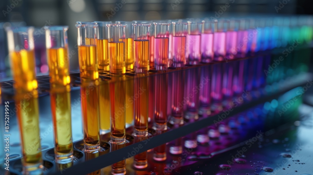 A series of test tubes filled with different colored liquids, each representing a different biochemical compound or reaction, arranged neatly on a laboratory bench.