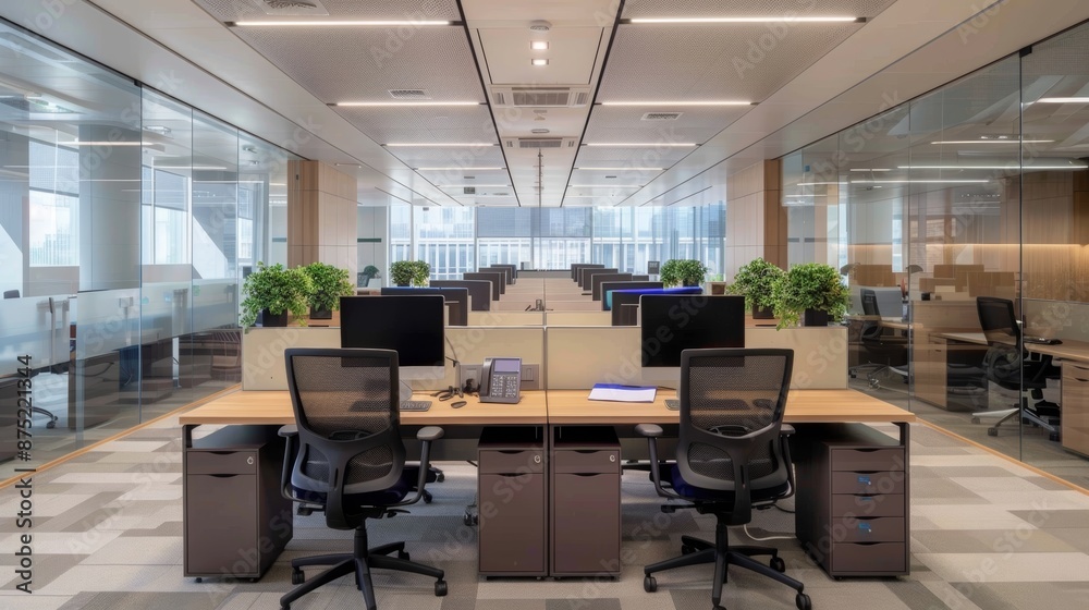 modern office coworking space interior with desks computers and large window modern office coworking space interior with desks computers and large window