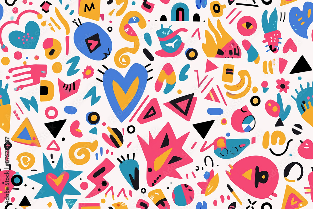 A lively seamless pattern with colorful abstract shapes and doodles on a white background, creating a fun and energetic vibe. A lively seamless pattern with colorful abstract shapes and doodles on a white background, creating a fun and energetic vibe.