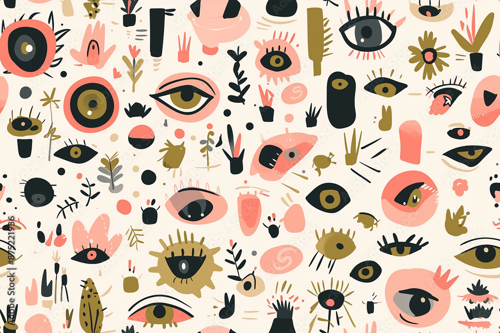 Playful eye-themed pattern with various stylized eyes, plants, and abstract elements in pink, black, and olive green colors on a beige background. The whimsical design is full of unique, quirky shapes Playful eye-themed pattern with various stylized eyes, plants, and abstract elements in pink, black, and olive green colors on a beige background. The whimsical design is full of unique, quirky shapes