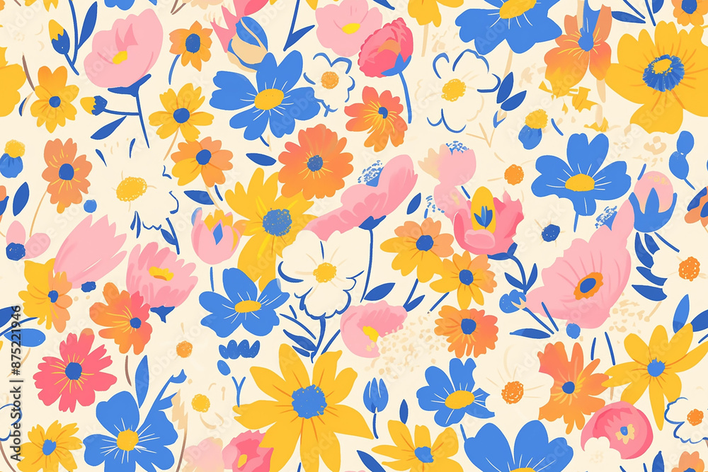 Cheerful floral pattern featuring bright flowers in yellow, blue, pink, and orange colors on a beige background. The design is lively and vibrant, perfect for a playful and joyful atmosphere. Cheerful floral pattern featuring bright flowers in yellow, blue, pink, and orange colors on a beige background. The design is lively and vibrant, perfect for a playful and joyful atmosphere.