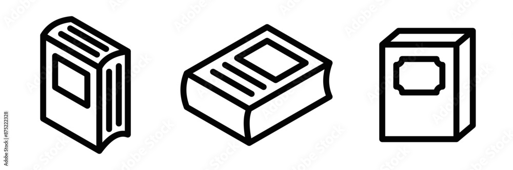 Vector illustration of three black outline book icons with various cover designs, representing different books and literature, on a white background. Editable stroke. Vector illustration of three black outline book icons with various cover designs, representing different books and literature, on a white background. Editable stroke.
