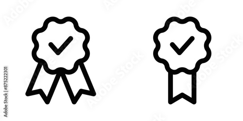 Vector illustration of two award ribbons with checkmarks. Ideal for concepts of achievement, quality assurance, and certification. Editable stroke.