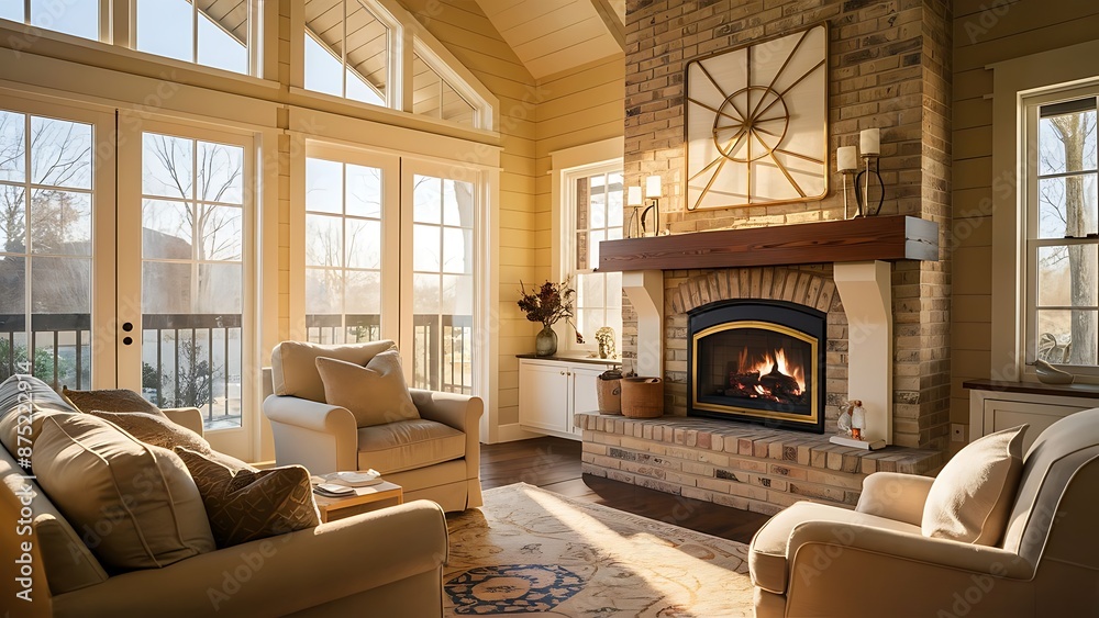 Fireplace on brick wall in bright living room interior of house Fireplace on brick wall in bright living room interior of house