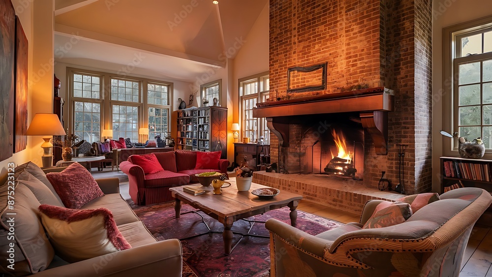 Fototapeta premium Fireplace on brick wall in bright living room interior of house