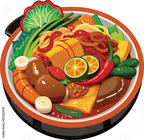 Steaming hot pot filled with fresh vegetables and meat cooking in broth