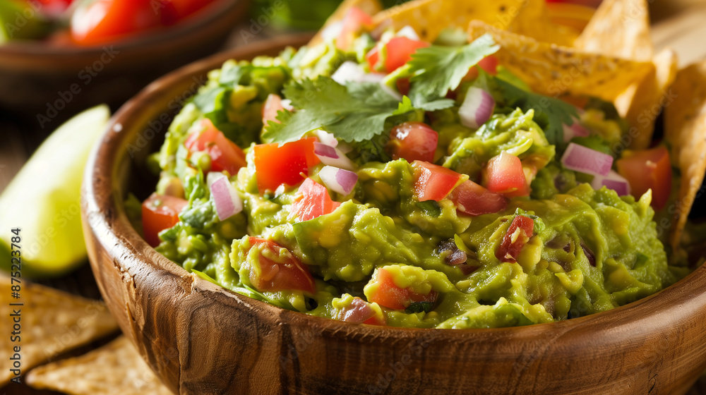 a vibrant bowl of guacamole, garnished with fresh cilantro, diced tomatoes, and red onions, served with a side of tortilla chips in a rustic wooden bowl a vibrant bowl of guacamole, garnished with fresh cilantro, diced tomatoes, and red onions, served with a side of tortilla chips in a rustic wooden bowl
