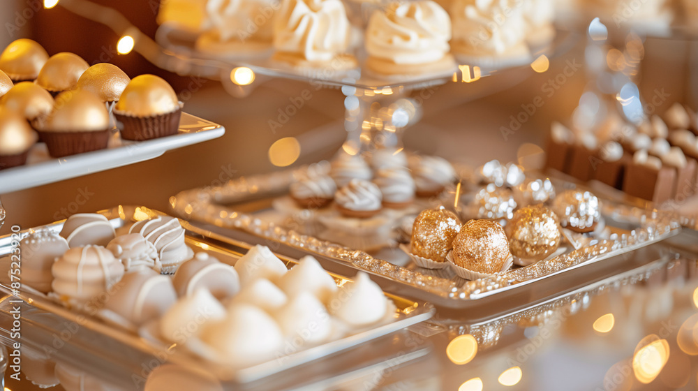dessert scene with a display of assorted truffles, petit fours, and meringues, arranged on mirrored trays dessert scene with a display of assorted truffles, petit fours, and meringues, arranged on mirrored trays