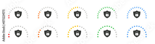 Security level. Loading scale, shield label design on a white isolated background. Vector illustration