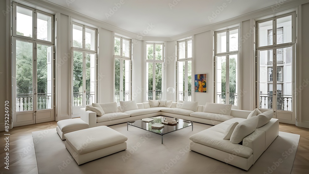 Fototapeta premium Beautiful modern large bright living room.