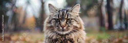 Funny Portrait of a Fluffy Grumpy Cat Outdoors, Capturing the Unique Expression and Charm of a Displeased Feline in a Natural Setting, Perfect for Pet Lovers and Humorous Themes photo