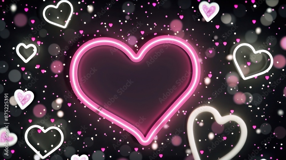 A heart-shaped neon sign in hot pink, framed by smaller white neon hearts against a black bokeh background peppered with pink and white glitter. This layout combines classic 