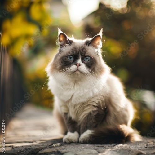 Funny Portrait of a Fluffy Grumpy Cat Outdoors, Capturing the Unique Expression and Charm of a Displeased Feline in a Natural Setting, Perfect for Pet Lovers and Humorous Themes photo