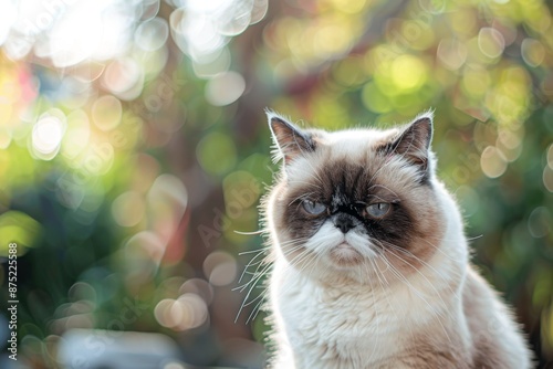 Funny Portrait of a Fluffy Grumpy Cat Outdoors, Capturing the Unique Expression and Charm of a Displeased Feline in a Natural Setting, Perfect for Pet Lovers and Humorous Themes photo