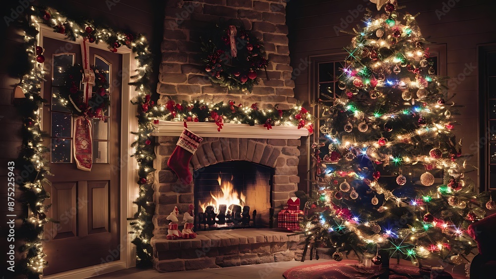 Christmas Tree Fireplace Lights, Decorated Xmas Living Room, Night Interior Christmas Tree Fireplace Lights, Decorated Xmas Living Room, Night Interior