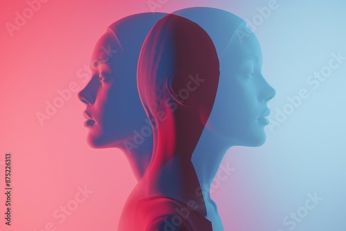 Abstract image of two heads in profile view with contrasting red and blue lighting, representing duality and contrast.
