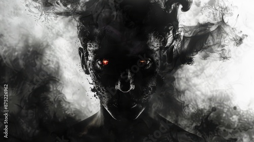 Mysterious dark figure with glowing red eyes emerging from shadows and smoke, evoking a sense of fear and intrigue. © sathon