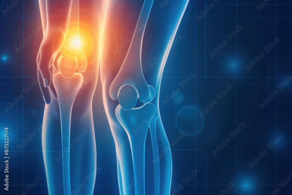Medical showing knee joint inflammation highlighting pain and discomfort in the anatomical structure against a dark background.