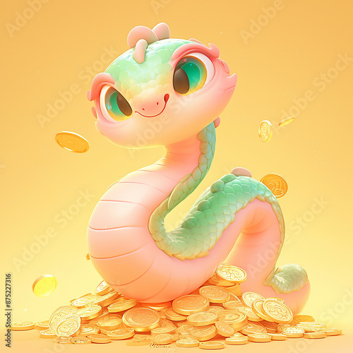 2025 cartoon 3D snake. The snake is sitting on a pile of gold coins