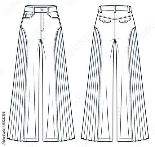 Wide Leg Pants technical fashion illustration. Denim Pants fashion flat technical drawing template, high waist, pleats, pockets, front and back view, white, women, men, unisex CAD mockup.